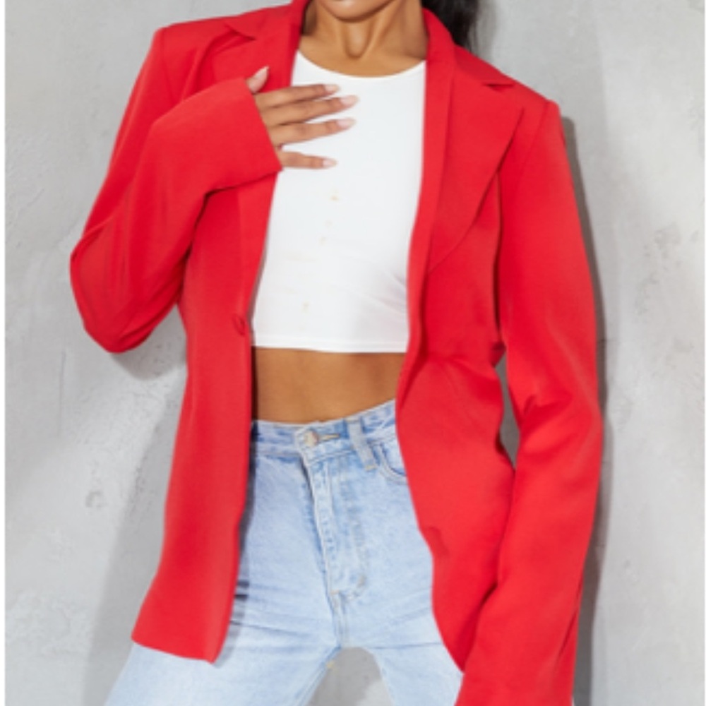 Pretty Little Thing - Red Woven Cinched Curve Hem Blazer